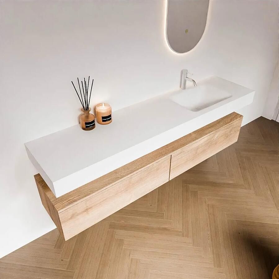 Zaro Alan badmeubel 190cm washed oak 2 lades met vrijhangende wastafel cloud rechts 1 kraangat talc