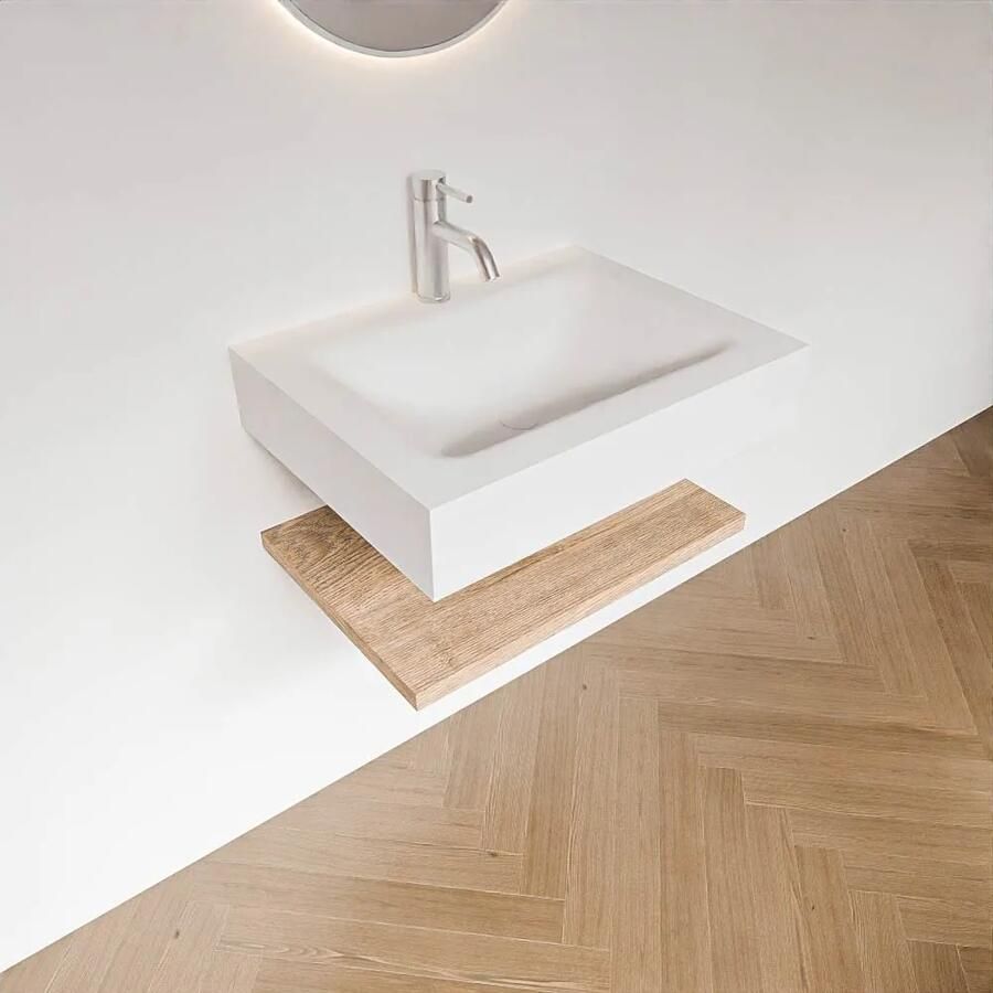 Zaro Alan badmeubel 60cm met planchet washed oak en vrijhangende wastafel cloud midden 1 kraangat talc