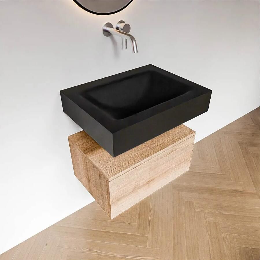 Zaro Alan badmeubel 60cm washed oak 1 lade met vrijhangende wastafel cloud midden zonder kraangat urban