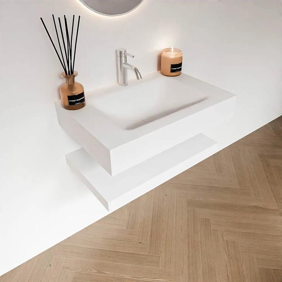 Zaro Alan badmeubel 70cm met planchet talc en vrijhangende wastafel cloud midden 1 kraangat talc