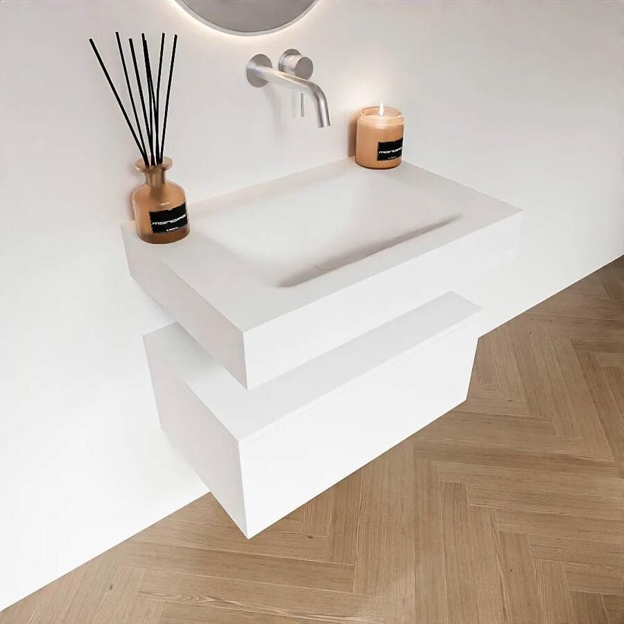 Zaro Alan badmeubel 70cm talc 1 lade met vrijhangende wastafel cloud midden zonder kraangat talc