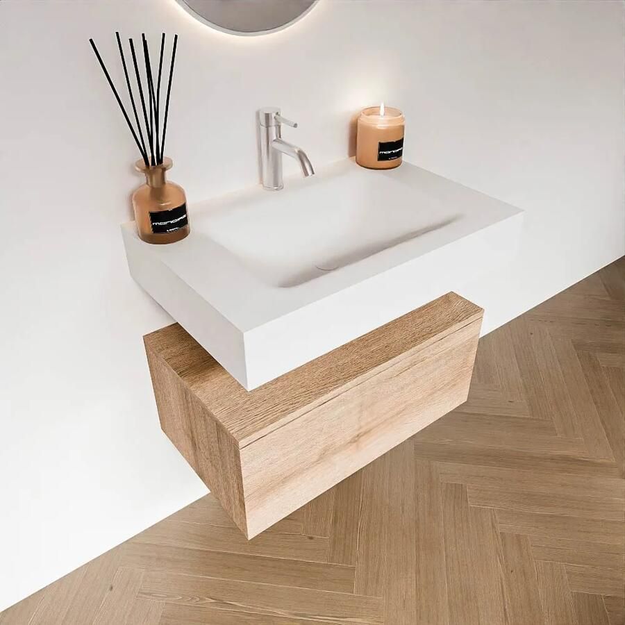 Zaro Alan badmeubel 70cm washed oak 1 lade met vrijhangende wastafel cloud midden 1 kraangat talc