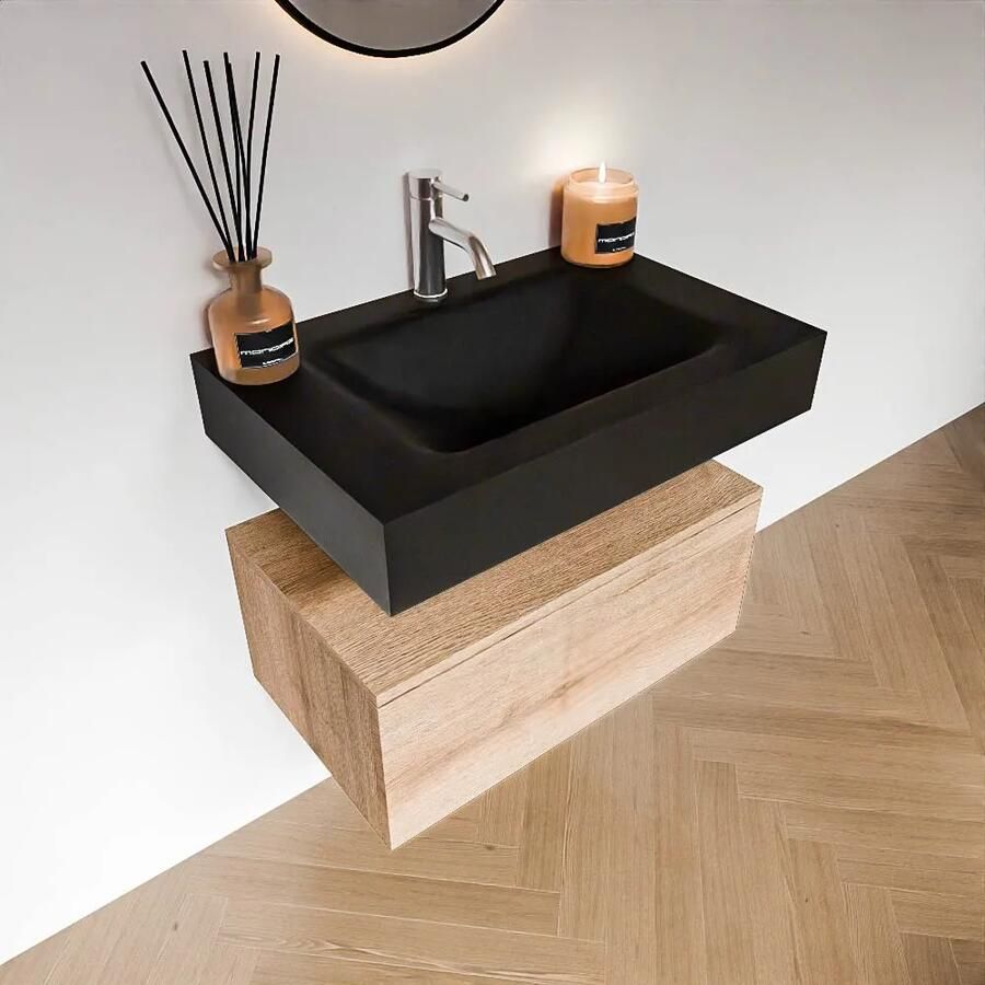 Zaro Alan badmeubel 70cm washed oak 1 lade met vrijhangende wastafel cloud midden 1 kraangat urban