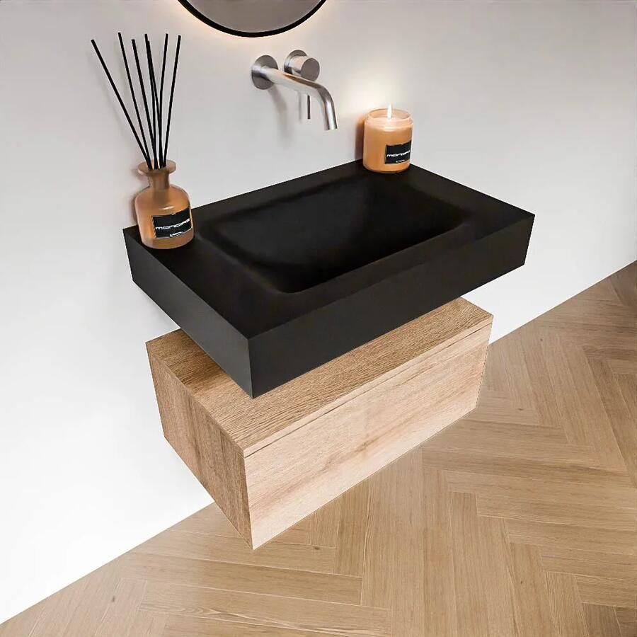 Zaro Alan badmeubel 70cm washed oak 1 lade met vrijhangende wastafel cloud midden zonder kraangat urban