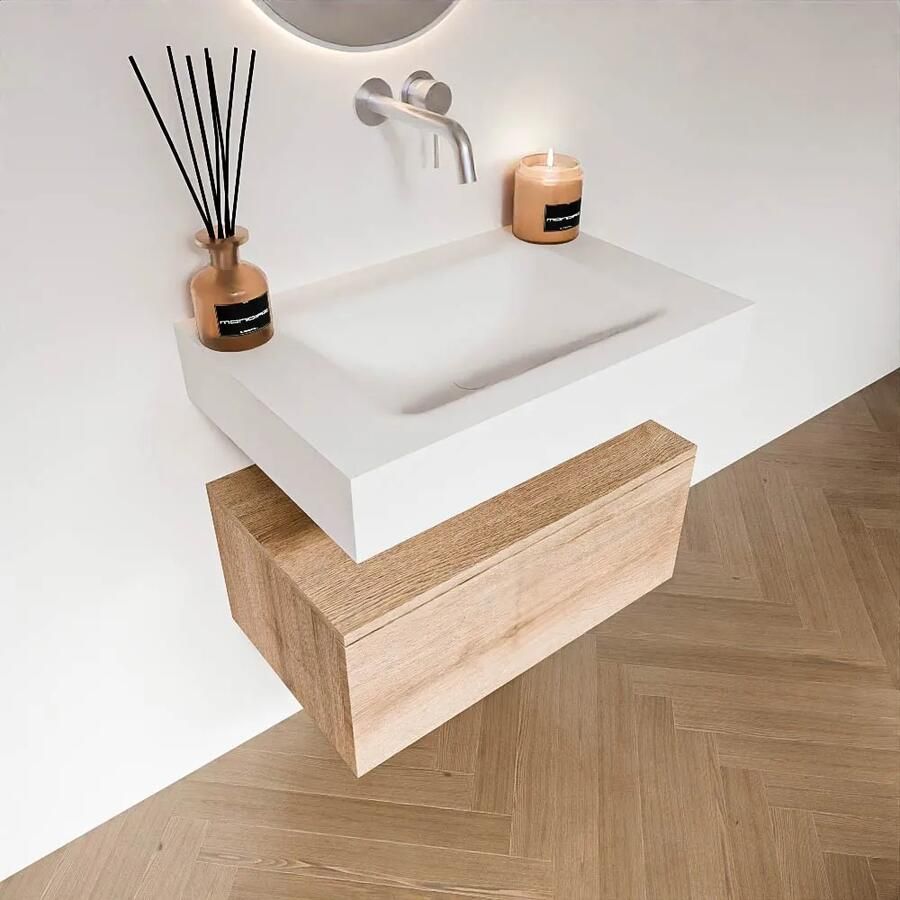 Zaro Alan badmeubel 70cm washed oak 1 lade met vrijhangende wastafel cloud midden zonder kraangat talc