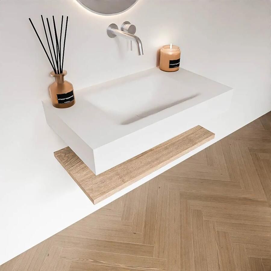 Zaro Alan badmeubel 80cm met planchet washed oak en vrijhangende wastafel cloud midden zonder kraangat talc