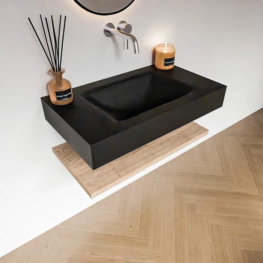 Zaro Alan badmeubel 80cm met planchet washed oak en vrijhangende wastafel cloud midden zonder kraangat urban