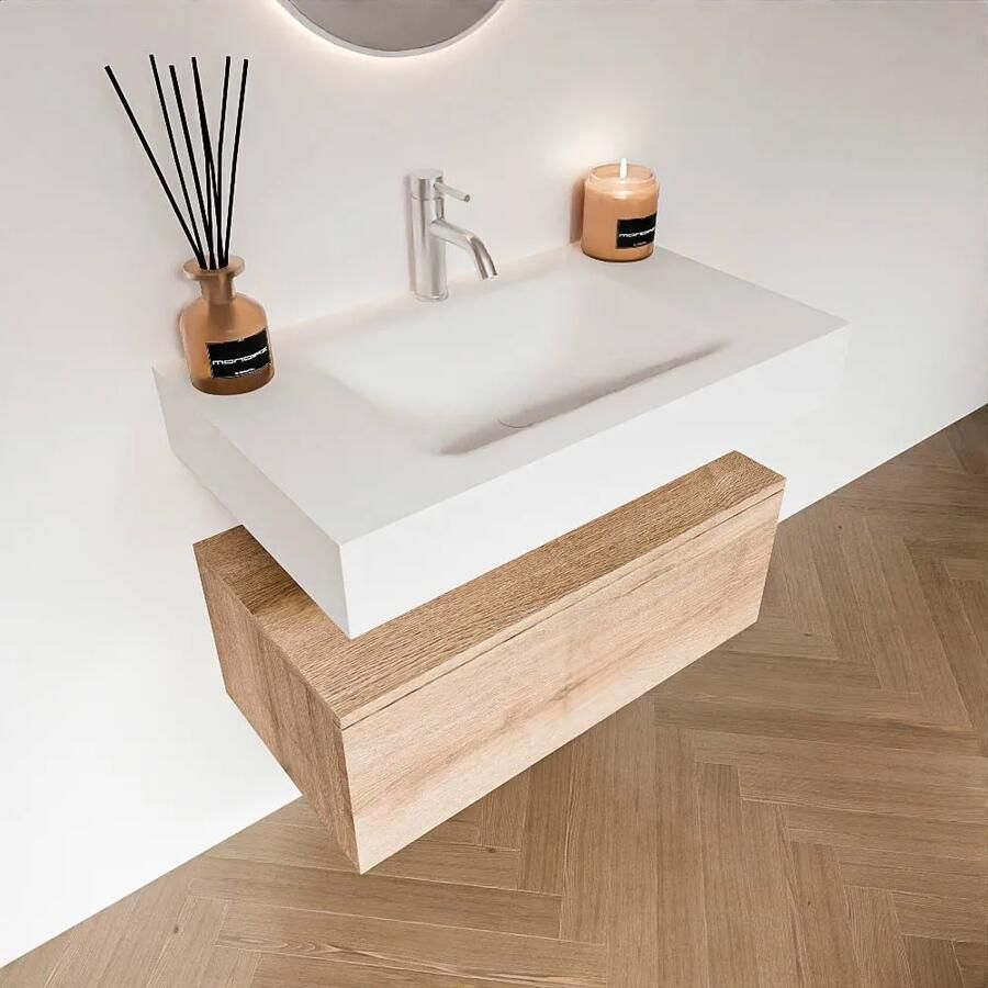 Zaro Alan badmeubel 80cm washed oak 1 lade met vrijhangende wastafel cloud midden 1 kraangat talc