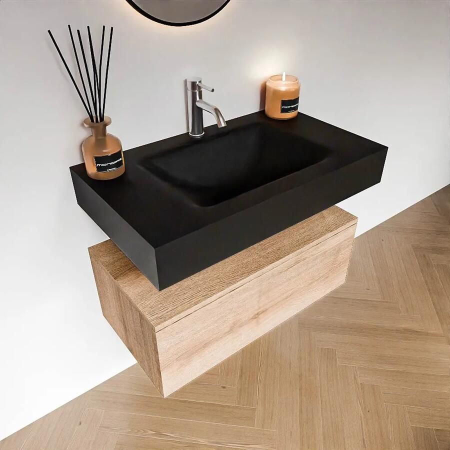 Zaro Alan badmeubel 80cm washed oak 1 lade met vrijhangende wastafel cloud midden 1 kraangat urban