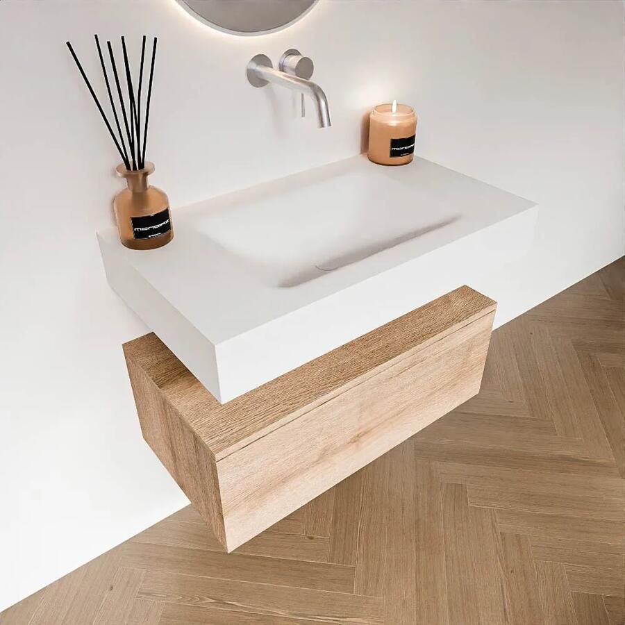 Zaro Alan badmeubel 80cm washed oak 1 lade met vrijhangende wastafel cloud midden zonder kraangat talc