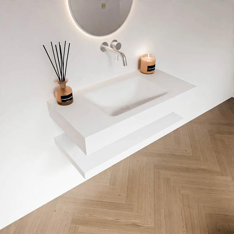 Zaro Alan badmeubel 90cm met planchet talc en vrijhangende wastafel cloud midden zonder kraangat talc