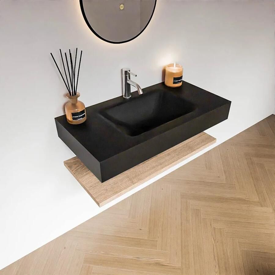 Zaro Alan badmeubel 90cm met planchet washed oak en vrijhangende wastafel cloud midden 1 kraangat urban