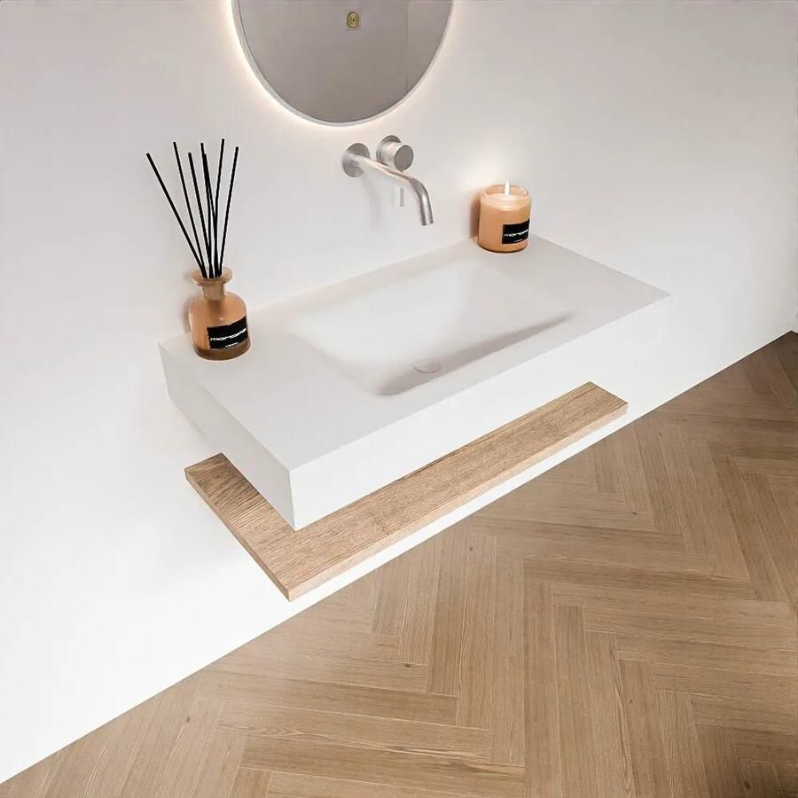 Zaro Alan badmeubel 90cm met planchet washed oak en vrijhangende wastafel cloud midden zonder kraangat talc