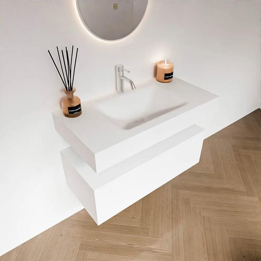 Zaro Alan badmeubel 90cm talc 1 lade met vrijhangende wastafel cloud midden 1 kraangat talc