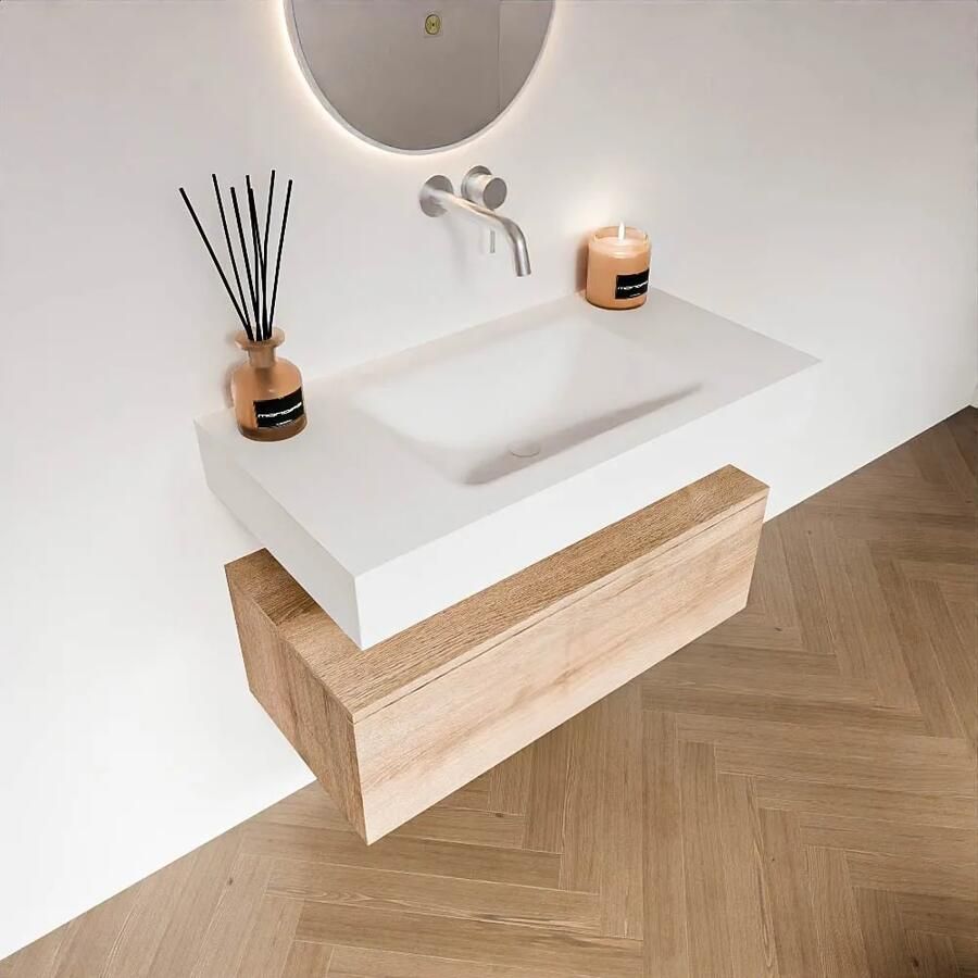 Zaro Alan badmeubel 90cm washed oak 1 lade met vrijhangende wastafel cloud midden zonder kraangat talc