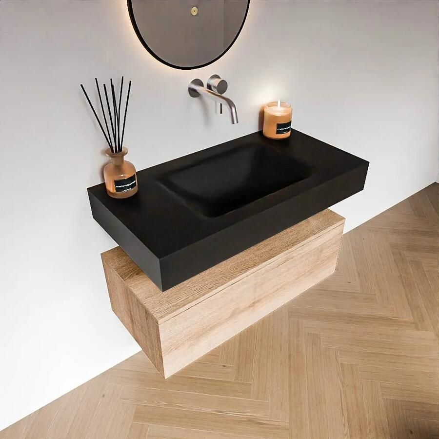 Zaro Alan badmeubel 90cm washed oak 1 lade met vrijhangende wastafel cloud midden zonder kraangat urban