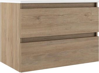 Adema Chacito Badkamermeubelset 80x39.5x55cm ondiep 2 lades greeploos wastafel glans wit 1 kraangat eiken SW1212809 SW7090