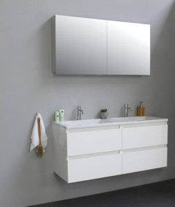 Adema Bella badmeubel met acryl wastafel 2 kraangaten met 2 deurs spiegelkast grijs 120X55X46cm Wit hoogglans Flat Pack SWFP120HWA2SPK