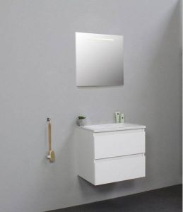 Adema Bella badmeubel met acryl wastafel zonder kraangat met spiegel met licht 60x55x46cm Wit hoogglans SWGA60HWA0SPIL