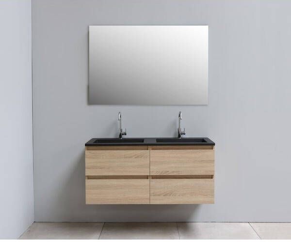 Adema Bella badmeubel met Acryl Wastafel Zwart 2 kraangaten met spiegel 120x55x46cm Eiken Flat Pack SWFP120EIZ2SP