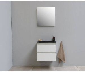 Adema Bella badmeubel met acryl wastafel zwart zonder kraangat met spiegel met licht 60x55x46cm Wit hoogglans SWGA60HWZ0SPIL