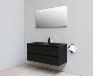 Adema Bella badmeubel met acryl wastafel Zwart zonder kraangaten met spiegel met licht 120X55X46cm Zwart mat SWGA120MZZ0SPIL