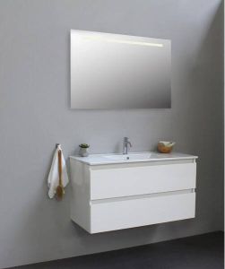 Adema Bella badmeubel met keramiek wastafel 1 kraangat met spiegel met licht 100x55x46cm Wit hoogglans SWGA100HWP1SPIL