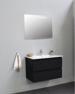 Adema Bella badmeubel met keramiek wastafel 1 kraangat met spiegel met licht 80x55x46cm Zwart mat SWGA80MZP1SPIL