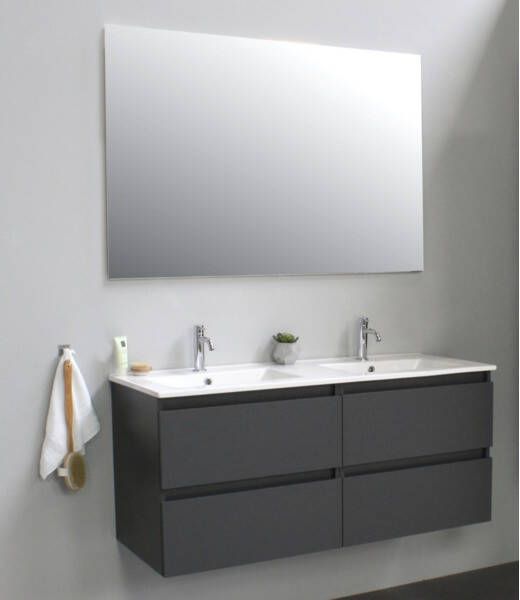 Adema Bella badmeubel met keramiek wastafel 2 kraangaten met spiegel 120X55X46cm Antraciet mat SWGA120MAP2SP