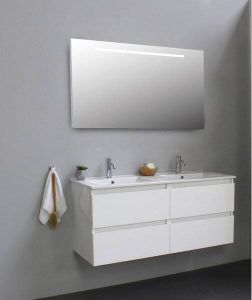 Adema Bella badmeubel met keramiek wastafel 2 kraangaten met spiegel met licht 120X55X46cm Wit hoogglans SWGA120HWPSPIL
