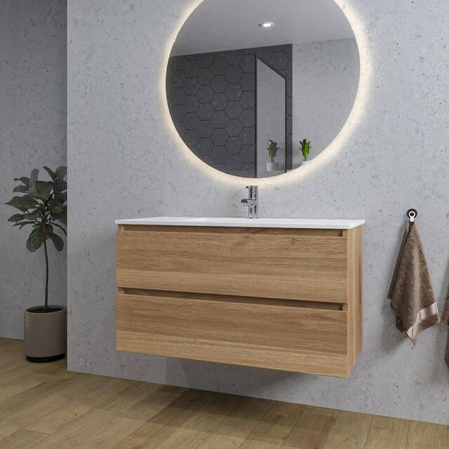 Adema Chaci Badkamermeubelset 100x46x57cm 1 keramische wasbak wit 1 kraangat 2 lades ronde spiegel met verlichting eiken SW718702 SW804532 SW161922