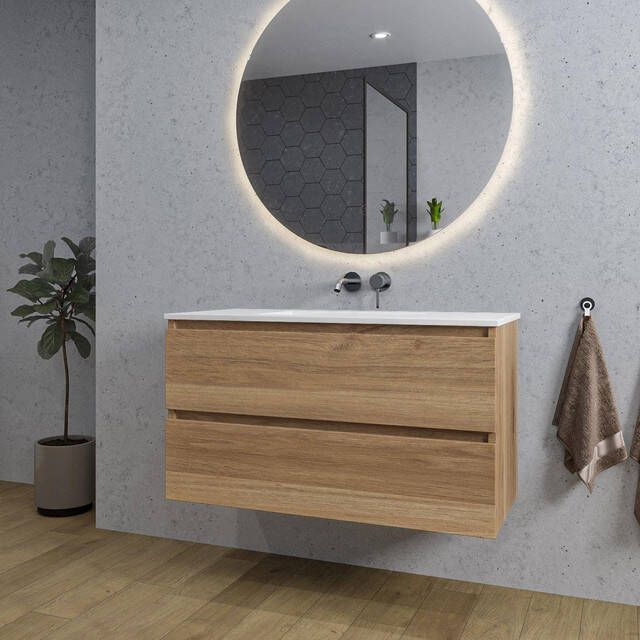 Adema Chaci Badkamermeubelset 100x46x57cm 1 keramische wasbak wit zonder kraangaten 2 lades ronde spiegel met verlichting eiken SW718702 SW773927 SW161922