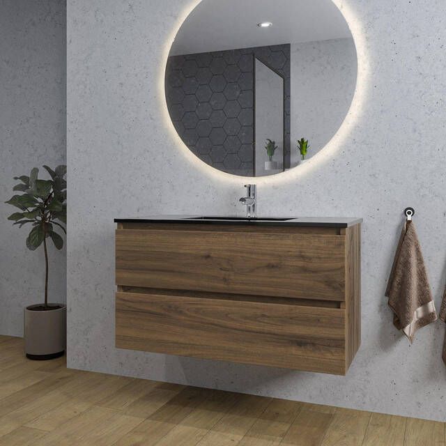 Adema Chaci Badkamermeubelset 100x46x57cm 1 keramische wasbak zwart 1 kraangat 2 lades ronde spiegel met verlichting noten (hout) SW718698 SW761656 SW161922