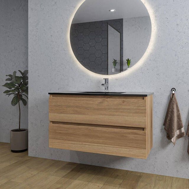 Adema Chaci Badkamermeubelset 100x46x57cm 1 keramische wasbak zwart 1 kraangat 2 lades ronde spiegel met verlichting eiken SW718702 SW761656 SW161922