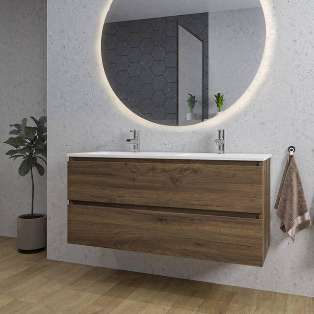 Adema Chaci Badkamermeubelset 120x46x57cm 2 keramische wasbakken wit 2 kraangaten 2 lades ronde spiegel met verlichting noten (hout) SW1212779 SW804533 SW161923