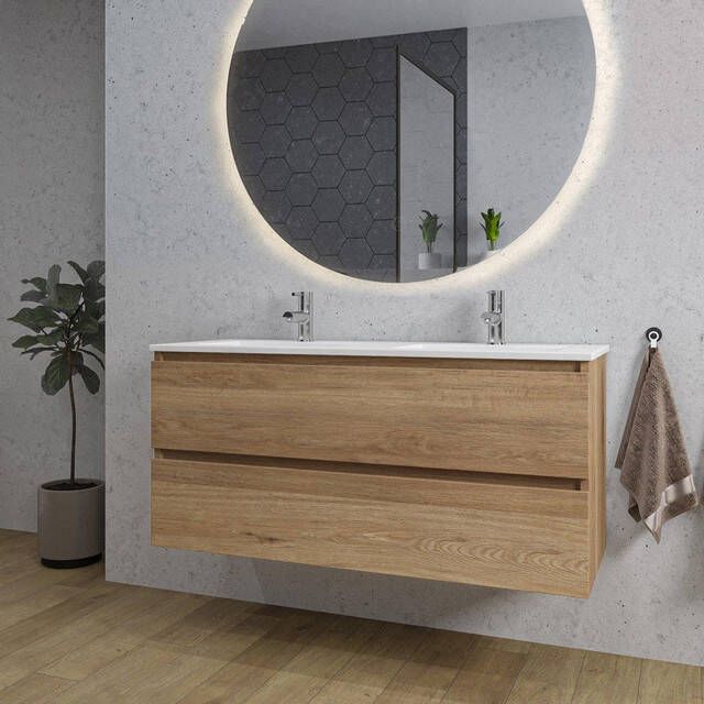 Adema Chaci Badkamermeubelset 120x46x57cm 2 keramische wasbakken wit 2 kraangaten 2 lades ronde spiegel met verlichting eiken SW718703 SW804533 SW161923