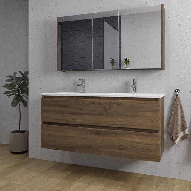 Adema Chaci Badkamermeubelset 120x46x57cm 2 keramische wasbakken wit 2 kraangaten 2 lades Spiegelkast noten (hout) SW718699 SW804533 SW812069 SW812073