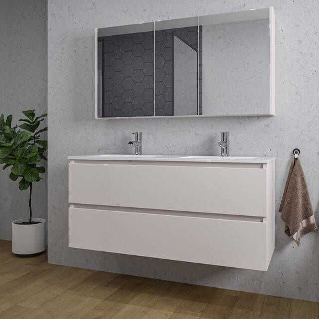 Adema Chaci Badkamermeubelset 120x46x57cm 2 keramische wasbakken wit 2 kraangaten 2 lades Spiegelkast mat cotton (beige) SW1122824 SW804533 SW812069 SW812072