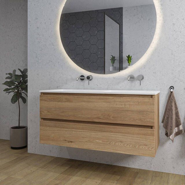 Adema Chaci Badkamermeubelset 120x46x57cm 2 keramische wasbakken wit zonder kraangaten 2 lades ronde spiegel met verlichting eiken SW718703 SW773928 SW161923