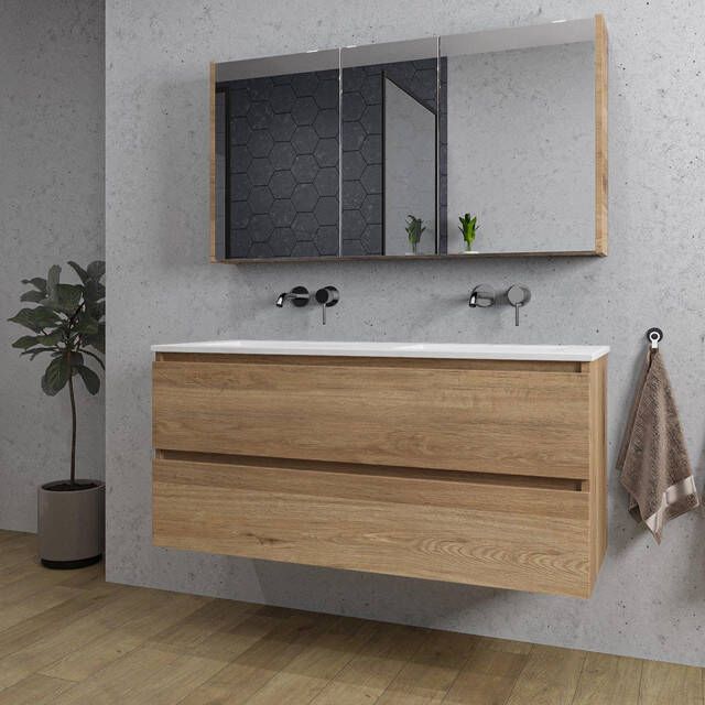 Adema Chaci Badkamermeubelset 120x46x57cm 2 keramische wasbakken wit zonder kraangaten 2 lades Spiegelkast eiken SW718703 SW773928 SW812069 SW812072