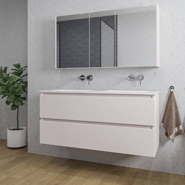 Adema Chaci Badkamermeubelset 120x46x57cm 2 keramische wasbakken wit zonder kraangaten 2 lades Spiegelkast mat cotton (beige) SW1122824 SW773928 SW812069 SW812072