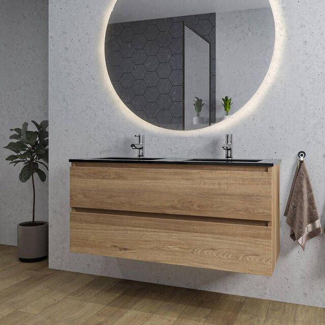 Adema Chaci Badkamermeubelset 120x46x57cm 2 keramische wasbakken zwart 2 kraangaten 2 lades ronde spiegel met verlichting eiken SW1212781 SW761657 SW161923