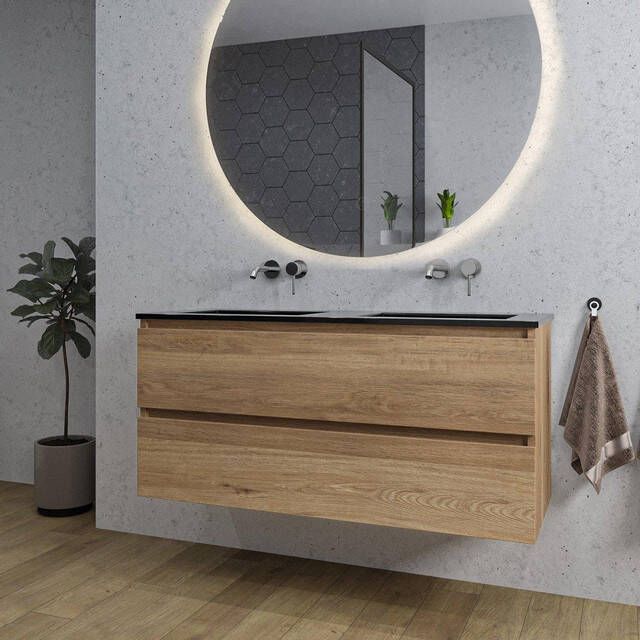 Adema Chaci Badkamermeubelset 120x46x57cm 2 keramische wasbakken zwart zonder kraangaten 2 lades ronde spiegel met verlichting eiken SW718703 SW773933 SW161923