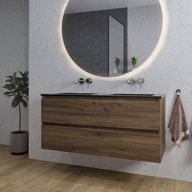 Adema Chaci Badkamermeubelset 120x46x57cm 2 keramische wasbakken zwart zonder kraangaten 2 lades ronde spiegel met verlichting noten (hout) SW718699 SW773933 SW161923