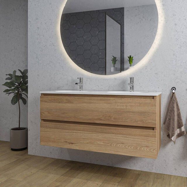 Adema Chaci Badkamermeubelset 120x46x57cm 2 ovale keramische wasbakken wit 2 kraangaten 2 lades ronde spiegel met verlichting eiken SW718703 SW718719 SW161923