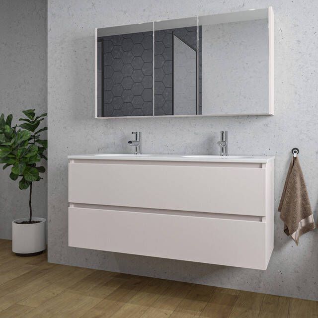 Adema Chaci Badkamermeubelset 120x46x57cm 2 ovale keramische wasbakken wit 2 kraangaten 2 lades Spiegelkast mat cotton (beige) SW1122824 SW718719 SW812069 SW812072