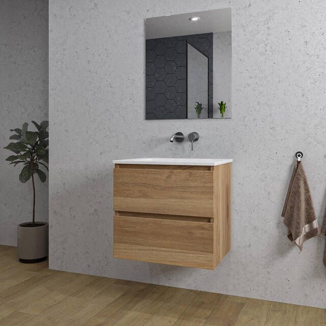 Adema Chaci Badkamermeubelset 60x46x57cm 1 keramische wasbak wit zonder kraangaten 2 lades rechthoekige spiegel eiken SW1212759 SW773925 SW724610
