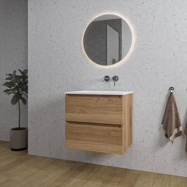 Adema Chaci Badkamermeubelset 60x46x57cm 1 keramische wasbak wit zonder kraangaten 2 lades ronde spiegel met verlichting eiken SW718700 SW773925 SW108325