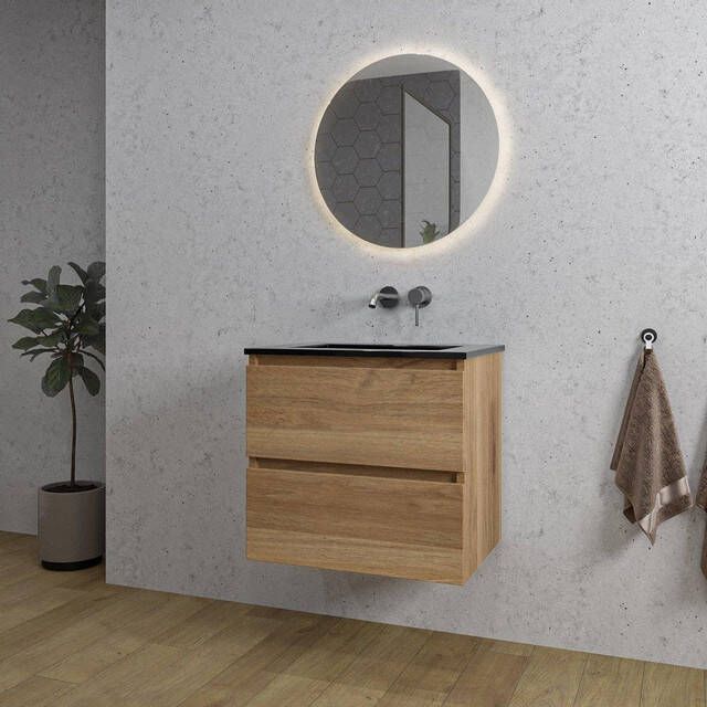 Adema Chaci Badkamermeubelset 60x46x57cm 1 keramische wasbak zwart zonder kraangaten 2 lades ronde spiegel met verlichting eiken SW718700 SW773930 SW108325