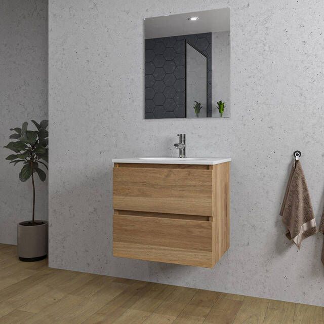 Adema Chaci Badkamermeubelset 60x46x57cm 1 ovale keramische wasbak wit 1 kraangat 2 lades rechthoekige spiegel eiken SW1212759 SW718716 SW724610